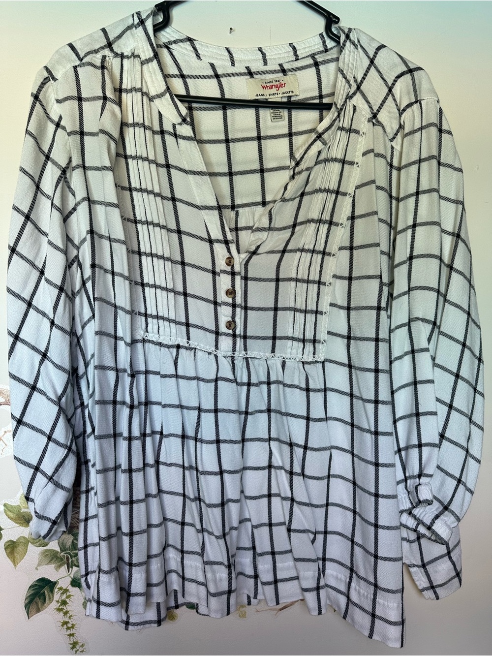 Wrangler White Black Windowpane Peasant Blouse